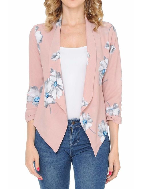 Auline Collection Womens Floral Casual Lightweight 3/4 Sleeve Fitted Open Blazer