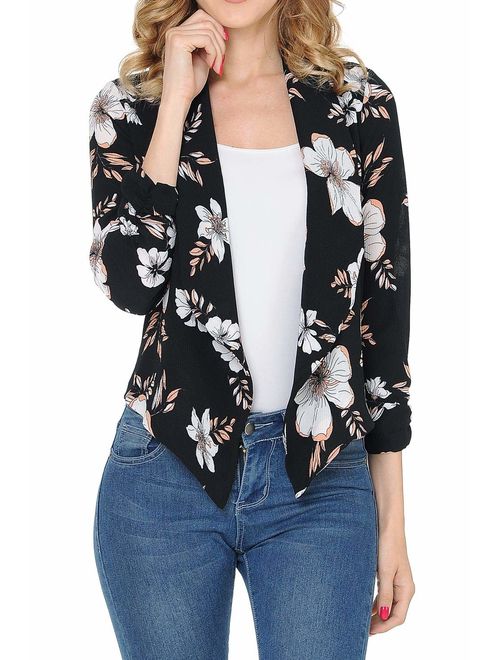 Auline Collection Womens Floral Casual Lightweight 3/4 Sleeve Fitted Open Blazer