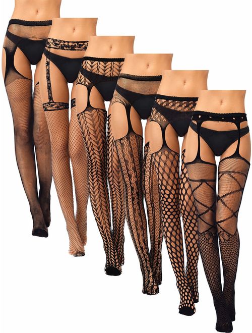 6 Pairs Women Suspender Pantyhose Stockings Valentine's Day Fishnet Tights Stretchy High Stockings for Dress up Favors