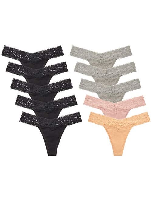 CULAYII Womens Cotton Thong Underwear Pack Lace Sexy Breathable Bikini Panties Soft Stretch T-Back Hollow Out