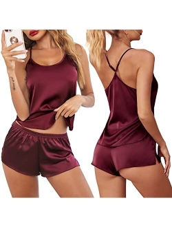 Pajamas Womens Sexy Lingerie Satin Sleepwear Cami Shorts Set Nightwear S-XXL