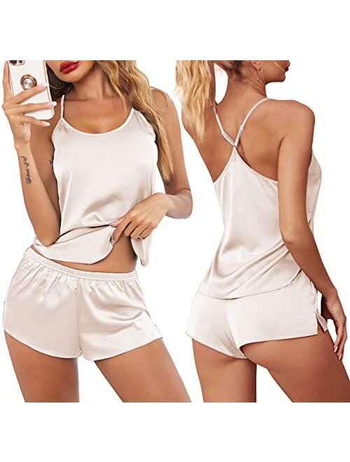 Ekouaer Pajamas Womens Sexy Lingerie Satin Sleepwear Cami Shorts Set Nightwear S-XXL