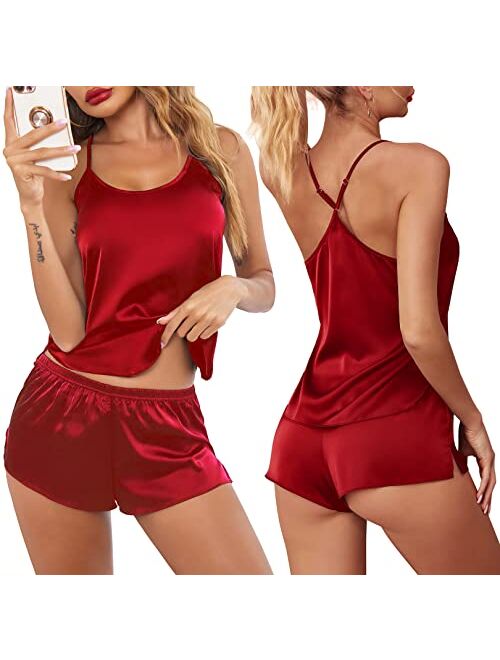 Ekouaer Pajamas Womens Sexy Lingerie Satin Sleepwear Cami Shorts Set Nightwear S-XXL