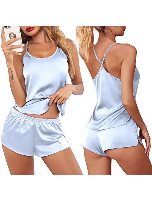 Ekouaer Pajamas Womens Sexy Lingerie Satin Sleepwear Cami Shorts Set Nightwear S-XXL