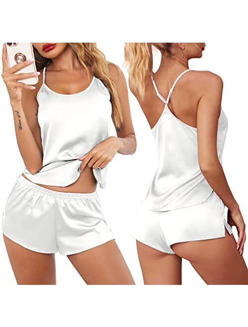 Ekouaer Pajamas Womens Sexy Lingerie Satin Sleepwear Cami Shorts Set Nightwear S-XXL