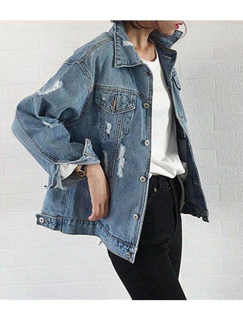 JUDYBRIDAL Oversize Denim Jacket for Women Ripped Jean Jacket Boyfriend Long Sleeve Coat