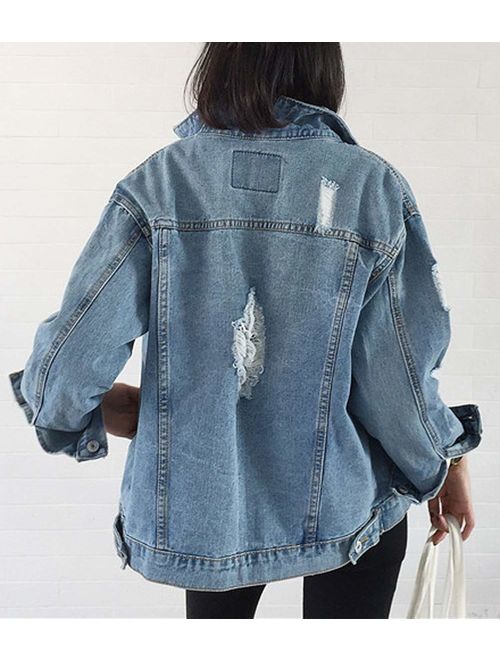 JUDYBRIDAL Oversize Denim Jacket for Women Ripped Jean Jacket Boyfriend Long Sleeve Coat