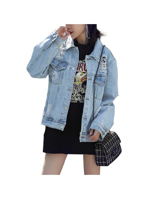 JUDYBRIDAL Oversize Denim Jacket for Women Ripped Jean Jacket Boyfriend Long Sleeve Coat