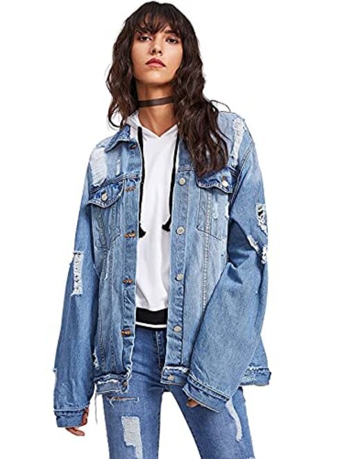 Floerns Women's Ripped Distressed Casual Long Sleeve Denim Jacket