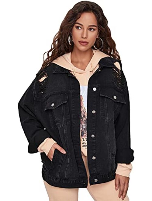 Floerns Women's Ripped Distressed Casual Long Sleeve Denim Jacket