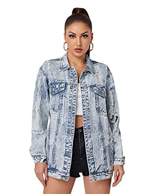 Floerns Women's Ripped Distressed Casual Long Sleeve Denim Jacket