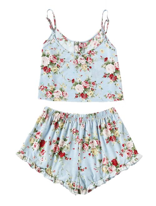 SheIn Women's Summer Floral Print Cami Top and Shorts Pajamas Set