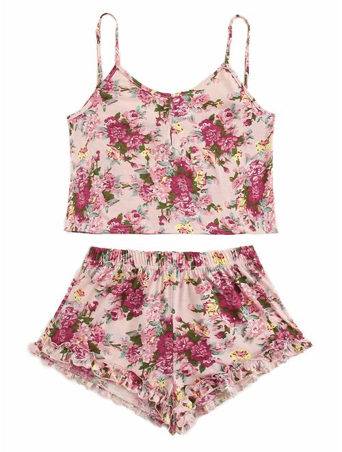 SheIn Women's Summer Floral Print Cami Top and Shorts Pajamas Set