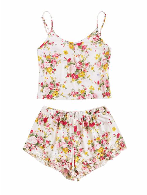 SheIn Women's Summer Floral Print Cami Top and Shorts Pajamas Set