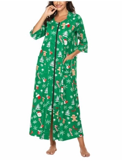 Women Zipper Robe Half Sleeve Loungewear Full Length Nightgown Duster Housecoat with Pockets S-XXL