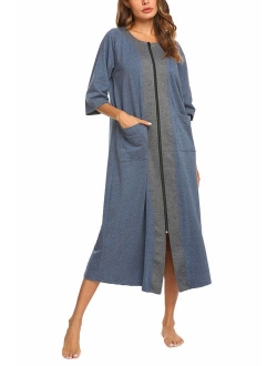 Women Zipper Robe Half Sleeve Loungewear Full Length Nightgown Duster Housecoat with Pockets S-XXL