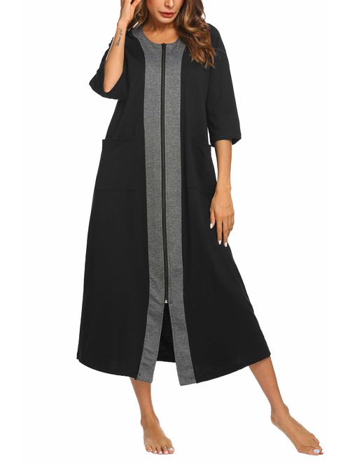 Ekouaer Women Zipper Robe Half Sleeve Loungewear Full Length Nightgown Duster Housecoat with Pockets S-XXL