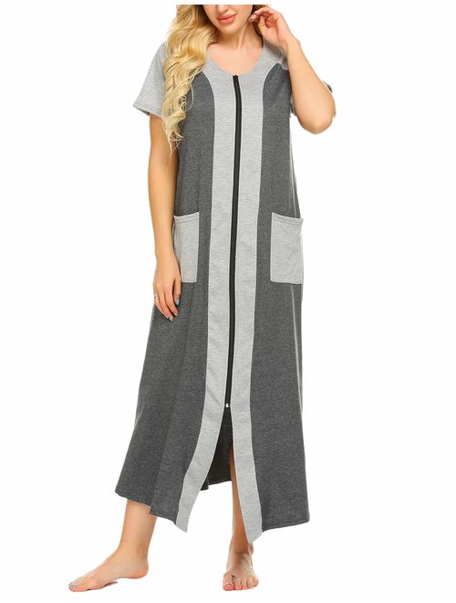 Ekouaer Women Zipper Robe Half Sleeve Loungewear Full Length Nightgown Duster Housecoat with Pockets S-XXL