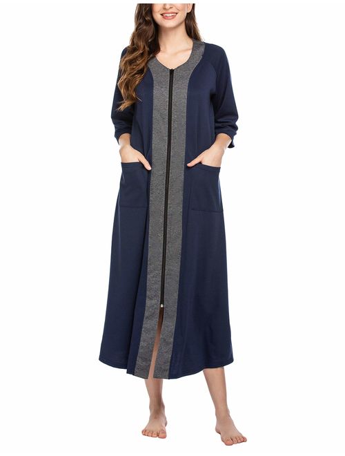 Ekouaer Women Zipper Robe Half Sleeve Loungewear Full Length Nightgown Duster Housecoat with Pockets S-XXL