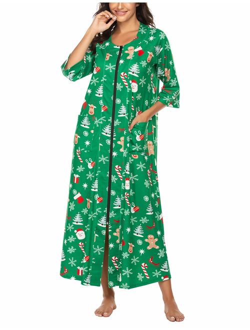 Ekouaer Women Zipper Robe Half Sleeve Loungewear Full Length Nightgown Duster Housecoat with Pockets S-XXL