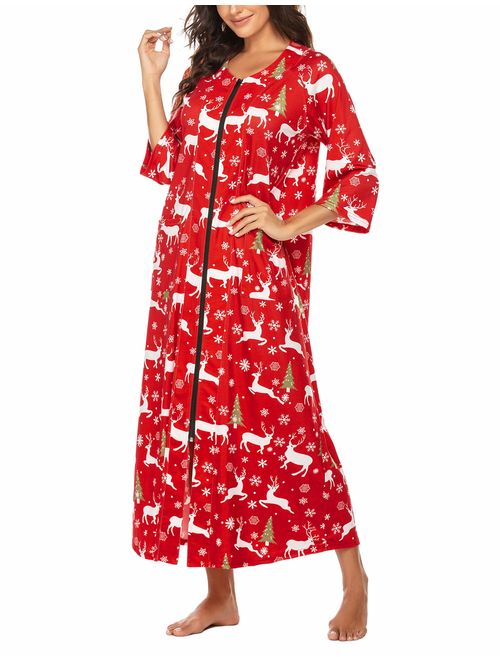 Ekouaer Women Zipper Robe Half Sleeve Loungewear Full Length Nightgown Duster Housecoat with Pockets S-XXL