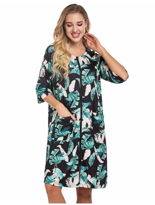 Ekouaer Women Zipper Robe Half Sleeve Loungewear Full Length Nightgown Duster Housecoat with Pockets S-XXL