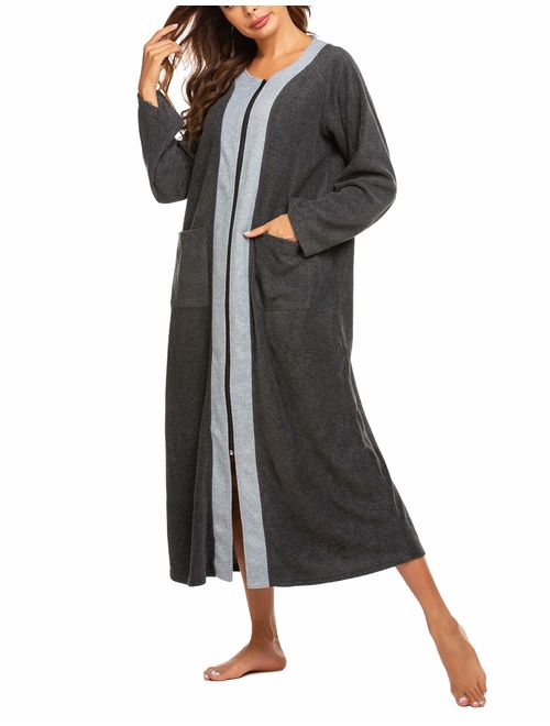 Ekouaer Women Zipper Robe Half Sleeve Loungewear Full Length Nightgown Duster Housecoat with Pockets S-XXL