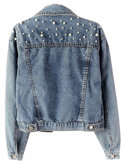 Kedera Women Oversized Denim Jacket Pearls Beading Jeans Coat 2XL