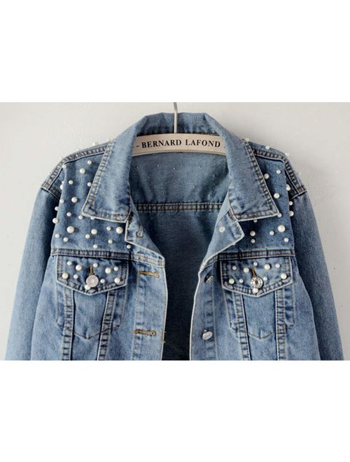 Kedera Women Oversized Denim Jacket Pearls Beading Jeans Coat 2XL