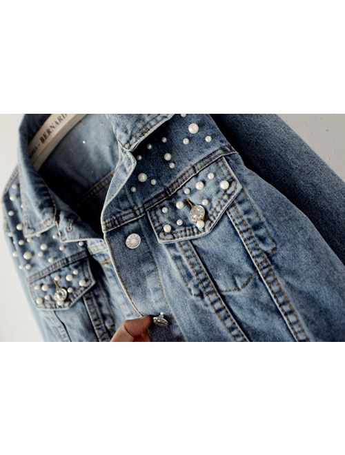 Kedera Women Oversized Denim Jacket Pearls Beading Jeans Coat 2XL