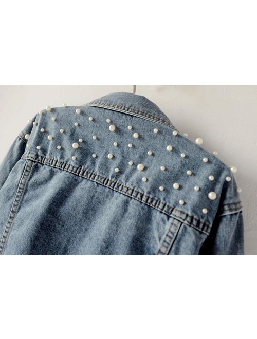 Kedera Women Oversized Denim Jacket Pearls Beading Jeans Coat 2XL