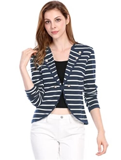 Women's Notched Lapel Button Decor Lightweight Striped Blazer Jacket