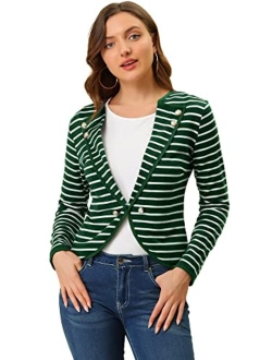 Women's Notched Lapel Button Decor Lightweight Striped Blazer Jacket