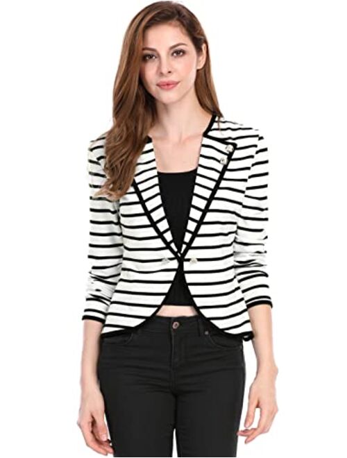 Allegra K Women's Notched Lapel Button Decor Lightweight Striped Blazer Jacket