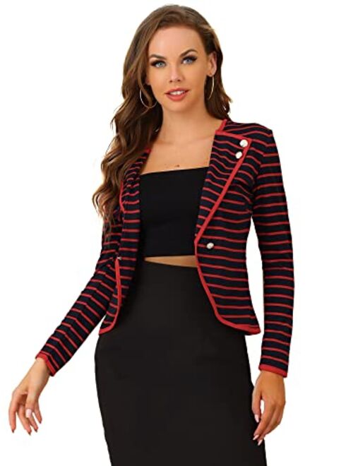 Allegra K Women's Notched Lapel Button Decor Lightweight Striped Blazer Jacket