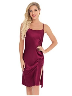 Aibrou Sexy Nightshirts Satin Spaghetti Strap Chemises Slip Nightgown Sleepwear