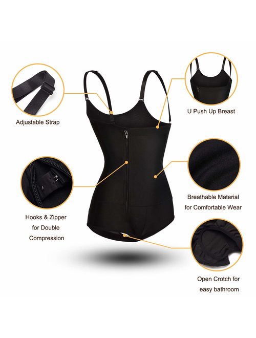 TOAOLZ Women Latex Firm Control Shapewear Bodysuit Zipper Waist Trainer Open Bust Corset Slim Body Shaper Jumpsuit