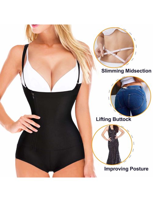 TOAOLZ Women Latex Firm Control Shapewear Bodysuit Zipper Waist Trainer Open Bust Corset Slim Body Shaper Jumpsuit