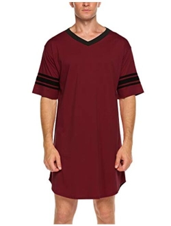 Men's Nightshirt, Cotton Nightwear Comfy Big and Tall V Neck Short Sleeve Soft Loose Pajama Sleep Shirt