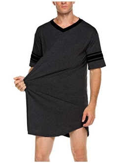 Men's Nightshirt, Cotton Nightwear Comfy Big and Tall V Neck Short Sleeve Soft Loose Pajama Sleep Shirt