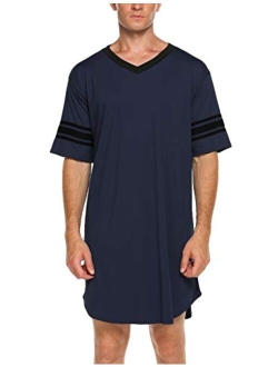 Men's Nightshirt, Cotton Nightwear Comfy Big and Tall V Neck Short Sleeve Soft Loose Pajama Sleep Shirt