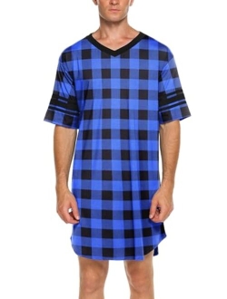 Men's Nightshirt, Cotton Nightwear Comfy Big and Tall V Neck Short Sleeve Soft Loose Pajama Sleep Shirt