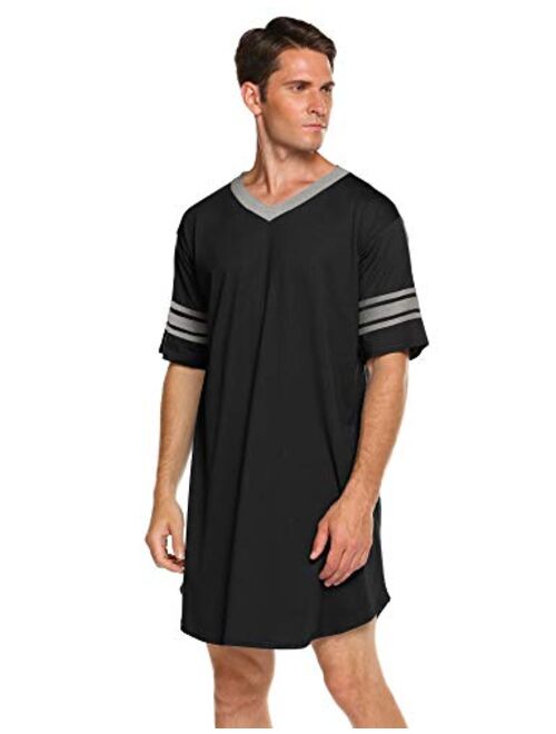 Ekouaer Men's Nightshirt, Cotton Nightwear Comfy Big and Tall V Neck Short Sleeve Soft Loose Pajama Sleep Shirt