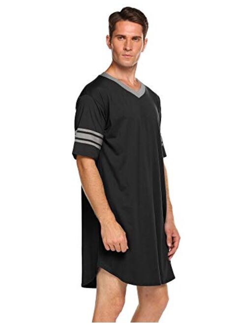 Ekouaer Men's Nightshirt, Cotton Nightwear Comfy Big and Tall V Neck Short Sleeve Soft Loose Pajama Sleep Shirt