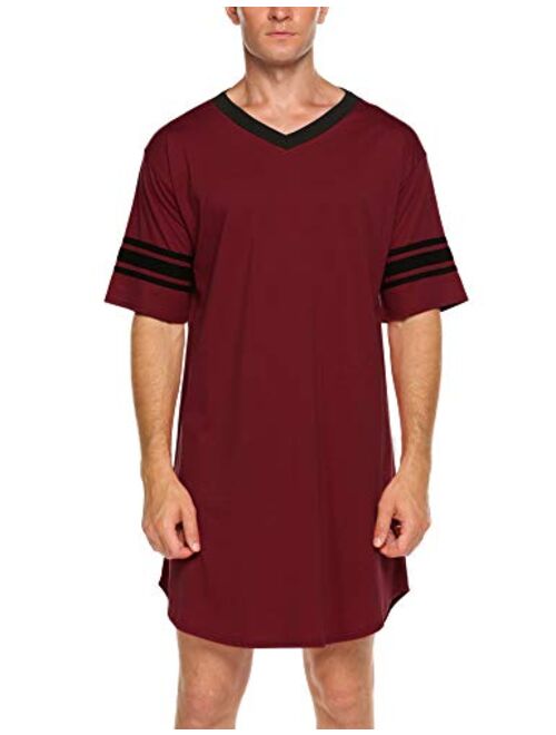 Ekouaer Men's Nightshirt, Cotton Nightwear Comfy Big and Tall V Neck Short Sleeve Soft Loose Pajama Sleep Shirt