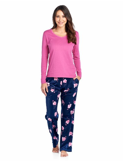 Ashford & Brooks Women's Jersey Knit Long-Sleeve Top and Mink Fleece Bottom Pajama Set