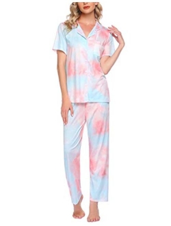 Pajamas Set Short Sleeve Soft Sleepwear Pjs Women Button Down Nightwear with Long Pants S-XXL