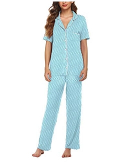 Pajamas Set Short Sleeve Soft Sleepwear Pjs Women Button Down Nightwear with Long Pants S-XXL