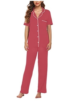 Pajamas Set Short Sleeve Soft Sleepwear Pjs Women Button Down Nightwear with Long Pants S-XXL