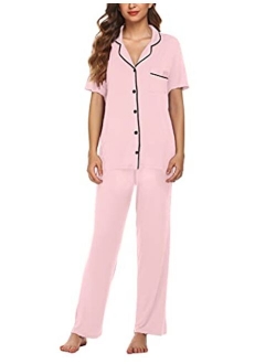 Pajamas Set Short Sleeve Soft Sleepwear Pjs Women Button Down Nightwear with Long Pants S-XXL